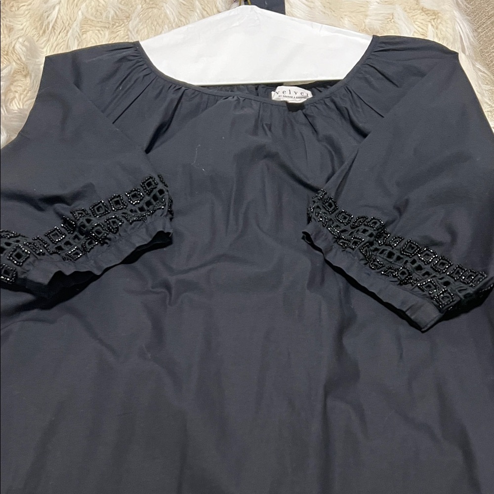 Anthropologie Cielo Midnight Black dress with self tie and  Beaded Sleeves/Hem